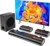 A television and sound system setup, including a soundbar, subwoofer, and two surround speakers, displayed against a white background. Produktbild-Vorschau