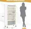 A white multi-shelf cabinet with dimensions indicated, placed next to a silhouette of a person for scale. Anteprima dell’immagine prodotto