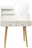 A white vanity table with a round mirror and wooden legs, shown against a white background. Produktbild-Vorschau