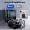 A robot vacuum cleaner and its charging/emptying station are shown, with graphics illustrating its features. Produktbild-Vorschau