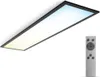 A rectangular LED panel light with a black frame, emitting light in shades of yellow and blue, shown at an angle. A remote control is placed to the right of the panel. Produktbild-Vorschau