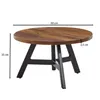 A round wooden coffee table with a black metal frame, shown from a three-quarter angle against a white background. Dimensions are indicated with measurement lines. Náhľad obrázku produktu