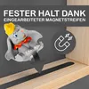 A Dumbo figurine is shown magnetically attached to a wooden shelf with a black magnetic strip. An arrow indicates the magnetic attachment. A horseshoe magnet icon is also visible. Produktbild-Vorschau