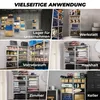 A collage of images showing different applications of metal shelving units in various settings like warehouses, workshops, pantries, and homes. Produktbild-Vorschau