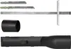 A collection of jigsaw blades and accessories, including a metal blade, a wood blade, a long metal guide, a black adapter, and a black handle attachment. Produktbild-Vorschau