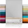 A display of multiple fitted sheets in various colors, with a central focus on a light gray sheet and product information below. Produktbild-Vorschau