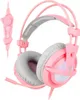 A pink gaming headset with a microphone and an inline remote is shown against a white background. Produktbild-Vorschau