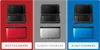 A collage of three different colored Nintendo 3DS XL handheld game consoles, each with a label below indicating the color combination. Produktbild-Vorschau