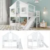 A collage of images showing a white wooden bunk bed with a house-like design, including a slide and windows. The top image shows the bunk bed in a room with decorations, while the bottom two images show the bunk bed from different angles without a room set Produktbild-Vorschau