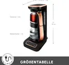 A product size chart showing dimensions and capacities of a tea maker. Produktbild-Vorschau