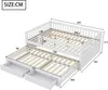A diagram showing the dimensions of a white wooden daybed with a pull-out trundle and drawers. Produktbild-Vorschau