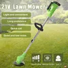 A green and silver electric lawn mower is shown on a grassy lawn with text overlays describing its features. Podgląd zdjęcia produktu