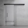 A modern glass sliding door with a black handle mounted on a concrete wall. Produktbild-Vorschau