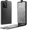 A black flip case for a smartphone is shown, with the phone inside and the case open. Produktbild-Vorschau