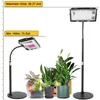 Two grow lights are shown, one with a flexible gooseneck and another on a tall stand, surrounded by several potted plants. Measurement indicators are present on the left side. Produktbild-Vorschau