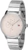 A close-up studio shot of a silver Tommy Hilfiger women's watch with a pink dial. Produktbild-Vorschau
