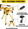 A yellow hydraulic pipe bender with various features highlighted by callout circles and text. Voir les images du produit