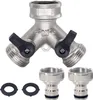 A product shot of a Y-shaped hose splitter with two shut-off valves, and two additional hose adapters and two rubber washers. Produktbild-Vorschau