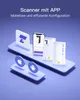 A 3D render of a smartphone displaying a barcode scanner app, alongside icons for Apple and Android, and a stylized logo, all presented on a purple and white background. Produktbild-Vorschau