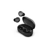 A pair of black wireless earbuds and their charging case are shown against a white background. Produktbild-Vorschau