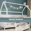 A white house-shaped bed frame with a garland of flags and a cloud decoration hanging from it. Below, two images show the bed with a mattress and bedding, one with a side view and the other a slightly angled view. Produktbild-Vorschau