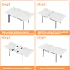 A four-step visual guide demonstrating how to extend a dining table. Produktbild-Vorschau