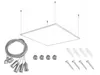 A square LED panel light with its mounting hardware, including suspension cables, screws, and wall plugs, is displayed against a white background. Podgląd zdjęcia produktu