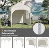 A beige gazebo tent set up outdoors with a generator and a chair nearby, against a backdrop of mountains and a lake. Multiple smaller images at the bottom show different configurations of the tent. Produktbild-Vorschau