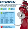 A red KitchenAid stand mixer with a spiral dough hook attachment, accompanied by a graphic detailing compatibility information. Produktbild-Vorschau