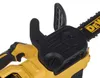 Close-up of the top part of a yellow and black DeWalt chainsaw, focusing on the chain and guide bar. Voir les images du produit