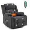 A dark gray massage recliner chair with glowing massage points and a heating element in the lumbar area. A remote control is shown in a small inset box in the upper right corner. Produktbild-Vorschau