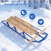 A wooden sled on snow with marketing icons and text. Náhled obrázku produktu
