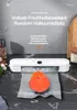 A white vacuum sealer is shown sealing a piece of salmon in a plastic bag, with text overlays describing its features. Produktbild-Vorschau