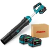 A cordless leaf blower with two batteries and a cardboard box. Produktbild-Vorschau