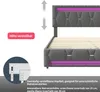 A close-up view of a bed frame with LED lighting and a diagram showing adjustable headboard height. Produktbild-Vorschau