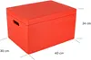 A red wooden storage box with dimensions indicated by measurement lines and text. Produktbild-Vorschau