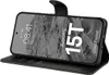 A black flip case for a smartphone is shown open, displaying the phone's screen. Produktbild-Vorschau