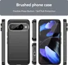 Multiple views of a black brushed phone case with carbon fiber accents, displayed with a phone inside. Produktbild-Vorschau