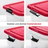 A collage of four images showing the lid and locking mechanism of a storage box. Produktbild-Vorschau