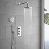 A modern shower with a rainfall showerhead, a handheld shower, and a digital control panel, all mounted on grey tiled walls. Voir les images du produit
