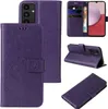 A collage of images showing a purple floral butterfly embossed flip phone case for a Samsung Galaxy A14 / A14 5G. Produktbild-Vorschau