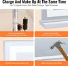 A collage of four images showcasing features of a makeup mirror, including its flat surface, steady frame, long service life, and explosion-proof glass. Náhľad obrázku produktu