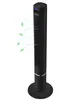 A black tower fan on a white background with illustrated airflow and leaves.