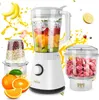 A product shot of a white 7MAGIC blender with various attachments and ingredients, set against a white background with splashes of juice and fruit illustrations. Produktbild-Vorschau