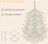 A diagram of a five-storied pagoda model, with accompanying text and smaller diagrams illustrating assembly. Voir les images du produit