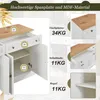 A collage of images showing a white sideboard with a wooden top, highlighting its features and weight capacities. Produktbild-Vorschau