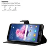 A black phone case is shown open, displaying a smartphone screen with a wallpaper and app icons. The case is designed to function as a stand, with illustrations showing different stand positions at the top of the image. Anteprima dell’immagine prodotto
