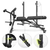 A black adjustable weight bench with a rack, shown with close-up diagrams highlighting its features. Náhľad obrázku produktu