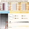 A collage of images showcasing LED makeup mirror lights with different color temperatures and brightness settings, along with a diagram explaining the controls and light modes. Produktbild-Vorschau