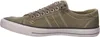 A side view of a single green canvas sneaker. Voir les images du produit